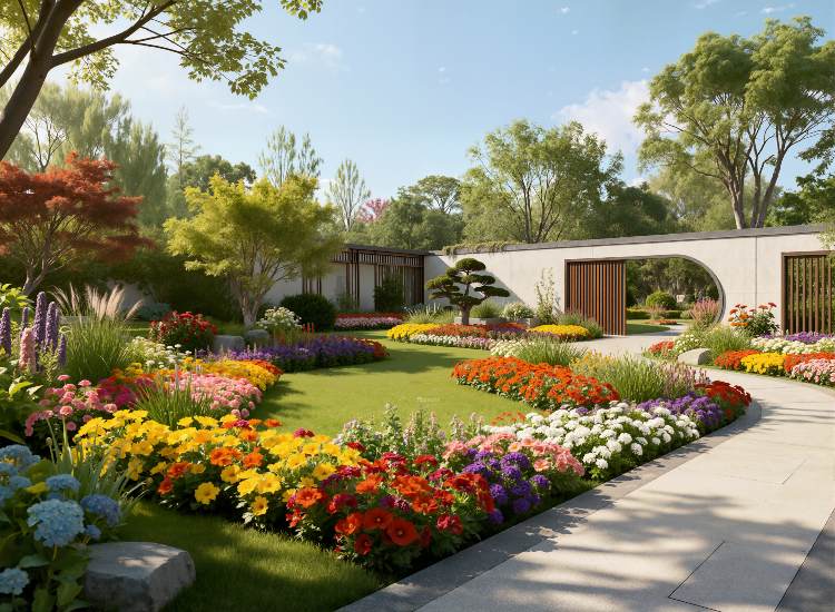 Garden with curved flowerbeds of various colorful flowers surrounding a green lawn and a curved paved pathway leading to a modern wall with a circular opening and wooden slats