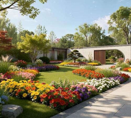 Garden with curved flowerbeds of various colorful flowers surrounding a green lawn and a curved paved pathway leading to a modern wall with a circular opening and wooden slats